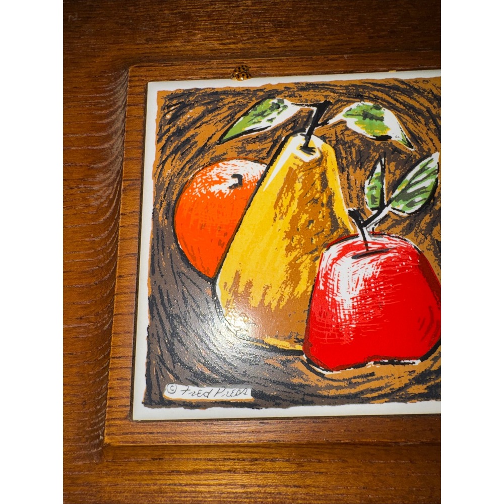 Vintage Fred Press Mid Century Wood Cheese Board Ceramic Fruit Tile Inset MCM